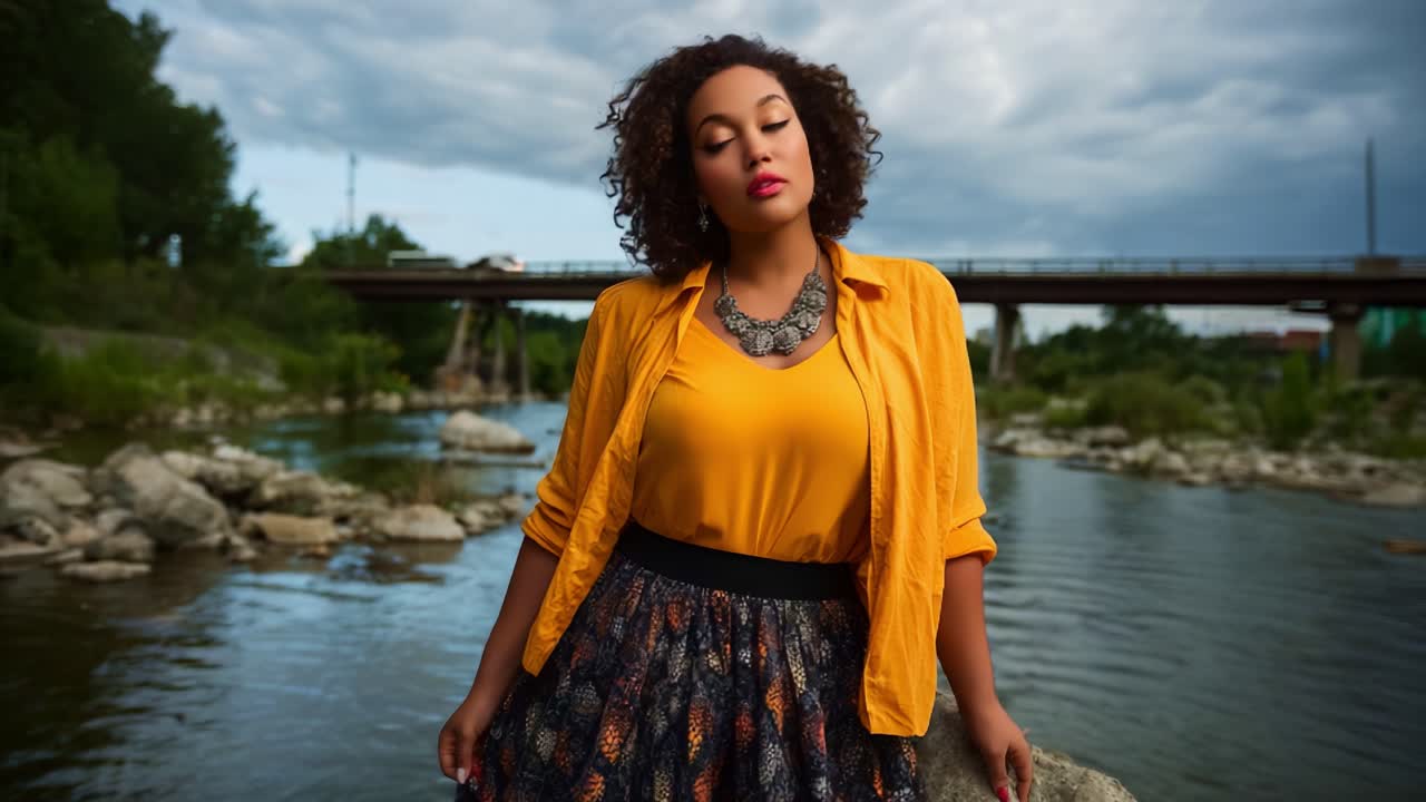 Una donna sicura di sé è in piedi su uno sperone roccioso accanto a un fiume sereno, emanando stile con il suo abbigliamento vivace e gli accessori audaci, con un cielo nuvoloso sullo sfondo.
