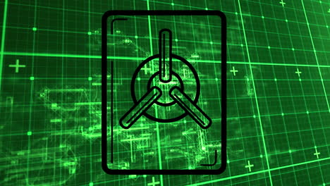 animación de la red de conexiones y el icono de la caja de seguridad sobre la cuadrícula