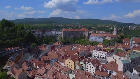 Unbelievable-aerial-top-view-flight-Czech-Republic-historical-Cesky-Krumlov-Vltava-river-in-summer-time-2023,-world-heritage-in-Bohemia