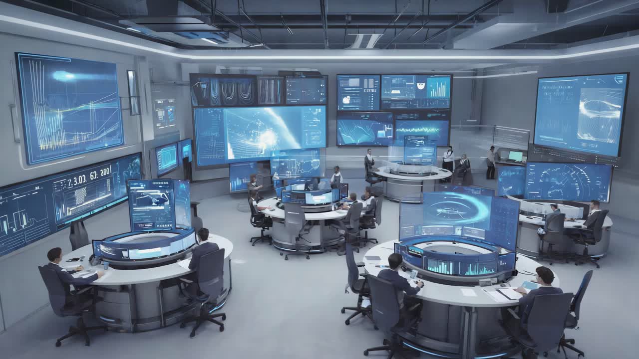 Control Room with Multiple Monitors and Operators