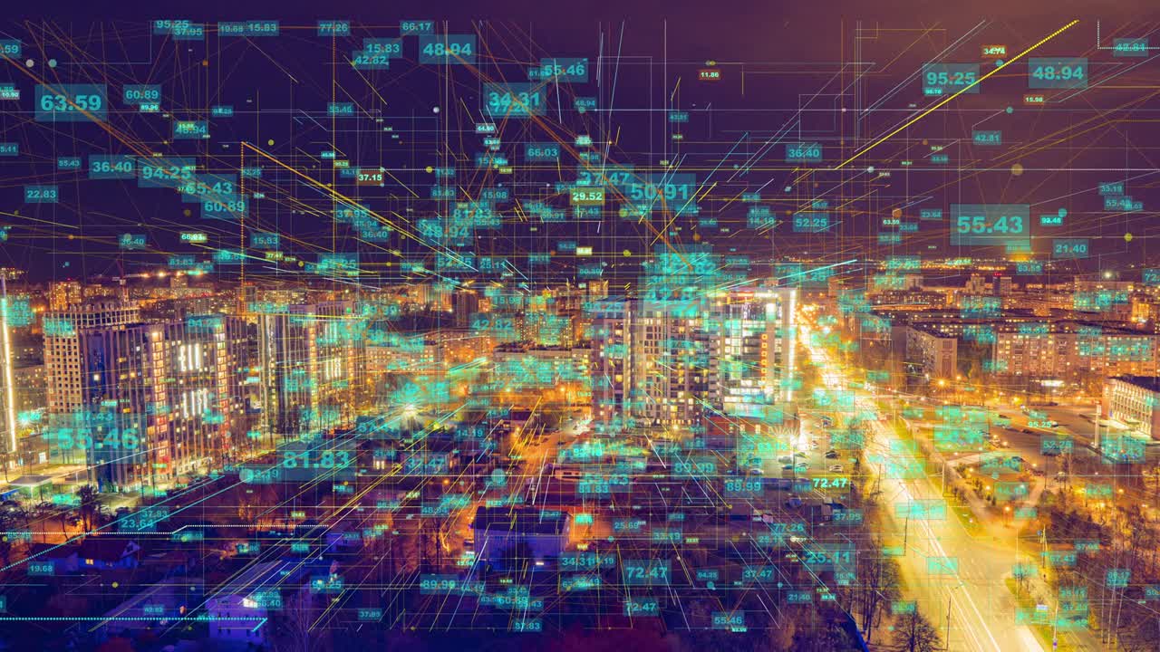 스마트 시티 항공 드론 영상 홀로그램 정보 아치 네트워크 통신 동안 형성 미래의 네트워크 및 기술 5g 드론 낮은 빛 4k 비디오 루프, 타임 라프