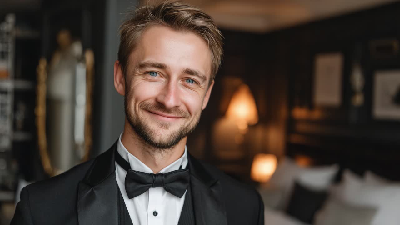 A Confident Man in Formal Attire Smiling Charmingly in an Elegant Hotel Room, Exuding Sophistication and Style with a Warm, Welcoming Presence