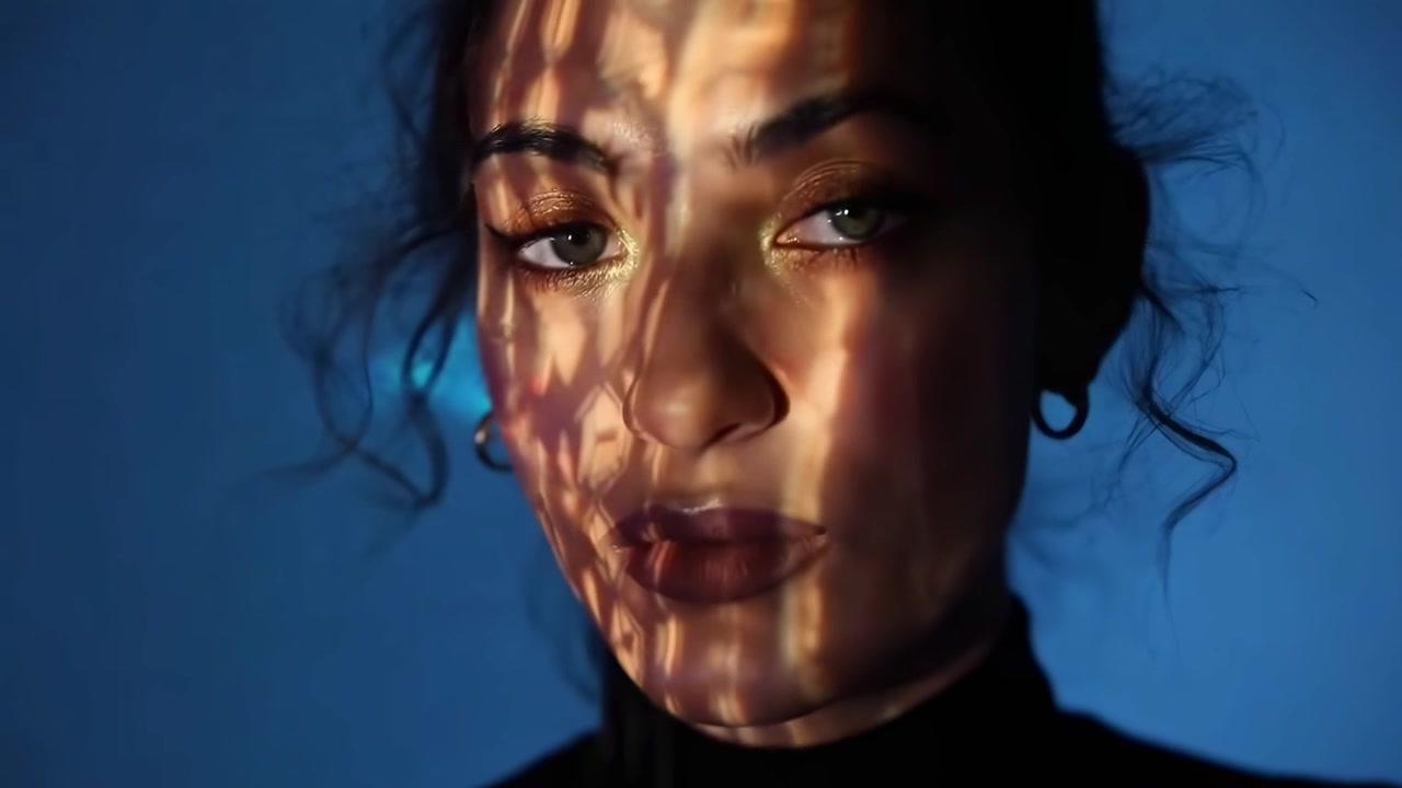Portrait of a Young Woman with Abstract Light Patterns on Her Face