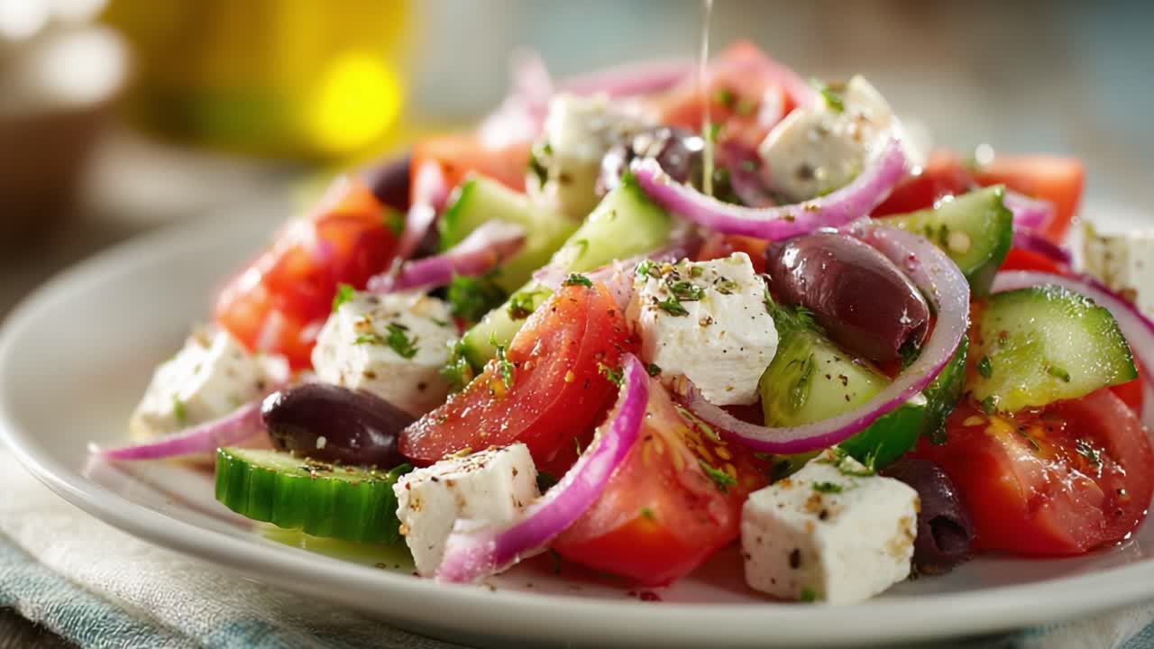 Fresh and Vibrant Mediterranean Salad with Tomatoes, Cucumbers, Olives, Feta Cheese, and a Drizzle of Olive Oil for a Delicious Flavor Burst