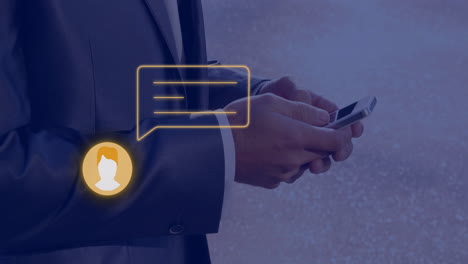 animación de iconos de los medios sobre un empresario caucásico que usa un teléfono inteligente