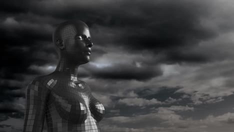 animation of digital human body formed with grey particles over lightings and stormy sky