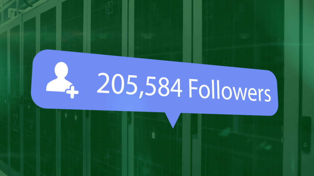 Animation of followers text and digital data processing and 6g text over computer servers