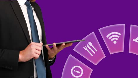 Animation-of-travel-icons-and-caucasian-man-using-tablet-on-purple-background