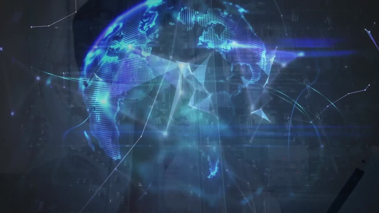 animación de redes de plexo que forman un globo contra la vista aérea del tráfico de la ciudad