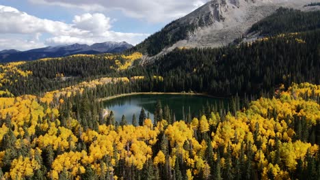 Volando-Un-Dron-En-Kebler-Pass-Colorado,-Hermosos-Colores-De-Otoño-Y-Montañas-Mirando-El-Lago-Dólar-Cerca-Del-Campamento-Del-Lago-Perdido