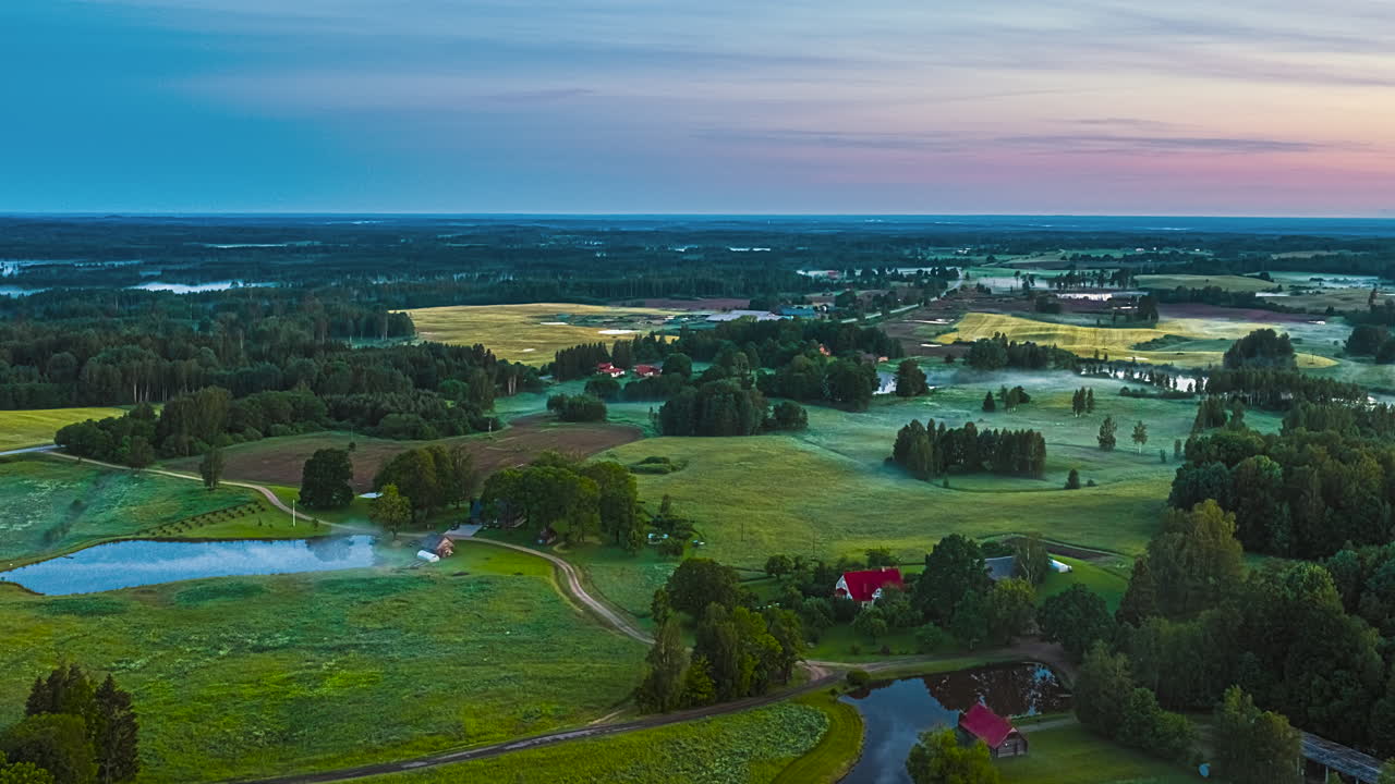 Peaceful countryside landscape at sunrise, vibrant colors, tranquil mood