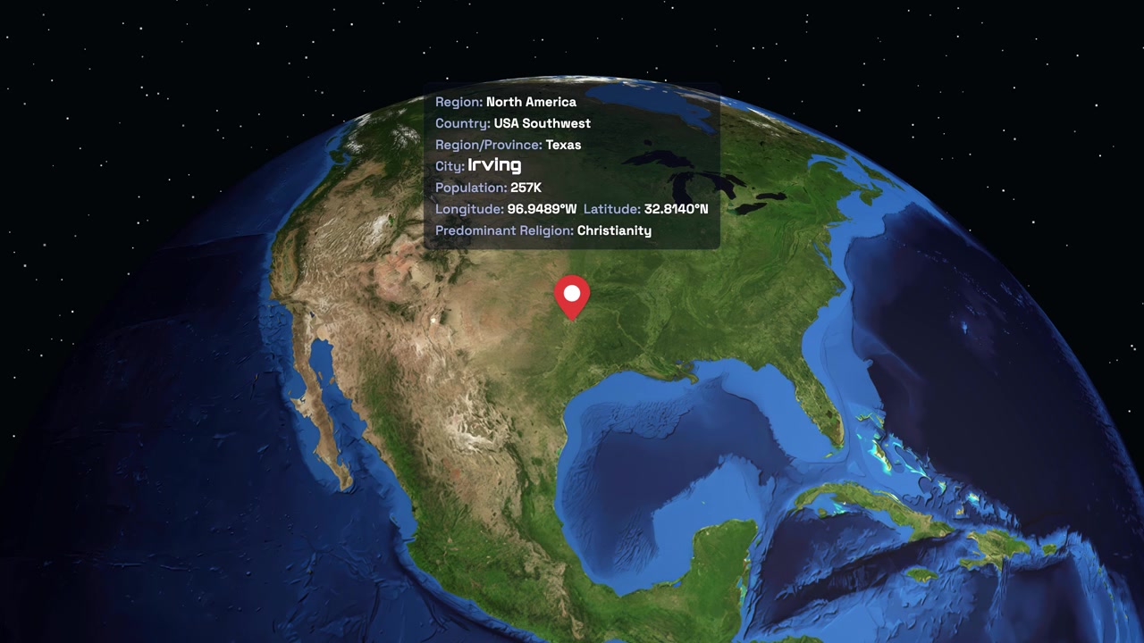 Un planeta 3D gira en el espacio antes de hacer zoom en América del Norte para localizar Irving, Texas.