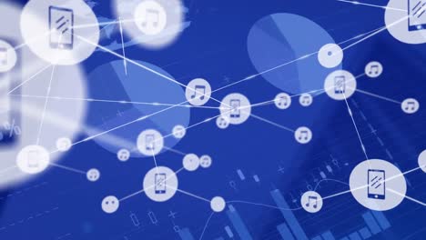 animación de la red de iconos digitales y procesamiento de datos estadísticos contra edificios altos