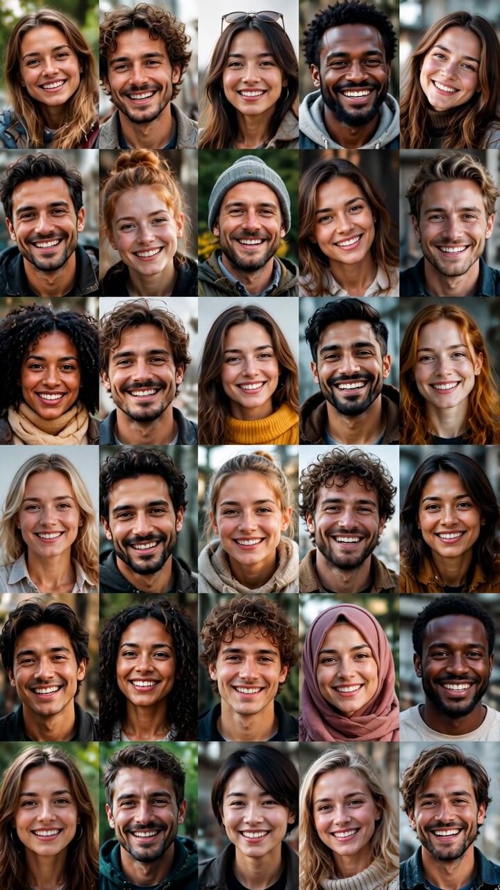 Sequenza iniziale/intermedia di una griglia di ritratti ravvicinati che mostra diversi adulti sorridenti in un montaggio di comunità amichevole con espressioni variegate e naturali.