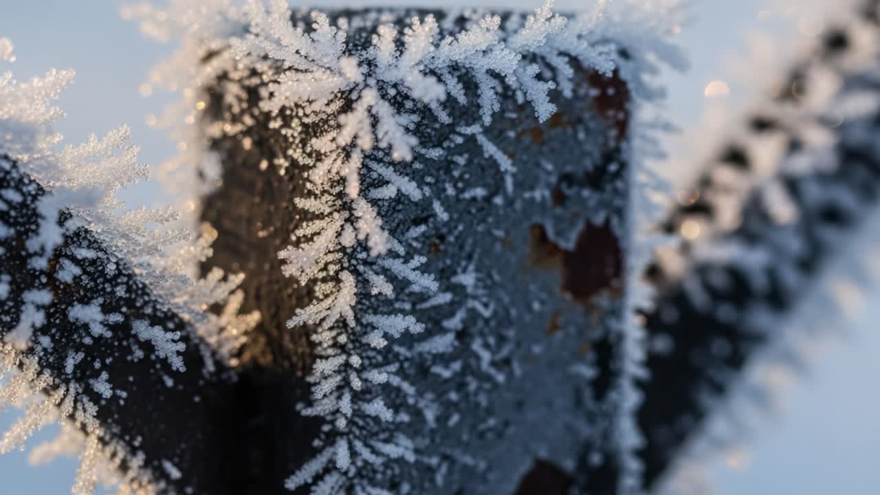 Et nærbilde av frostdekket metall: Naturens intrikate ismønstre på en rusten struktur i vinterens favn