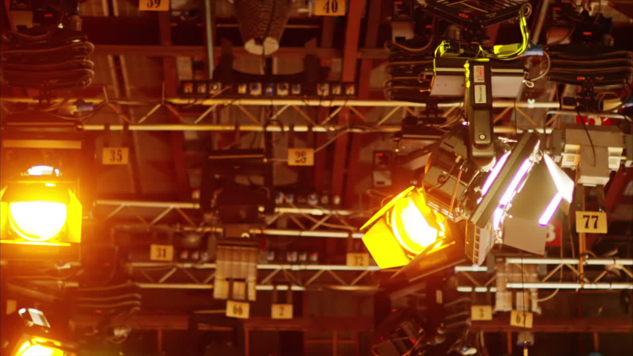 Flashing studio lights equipment on the ceiling of a TV set