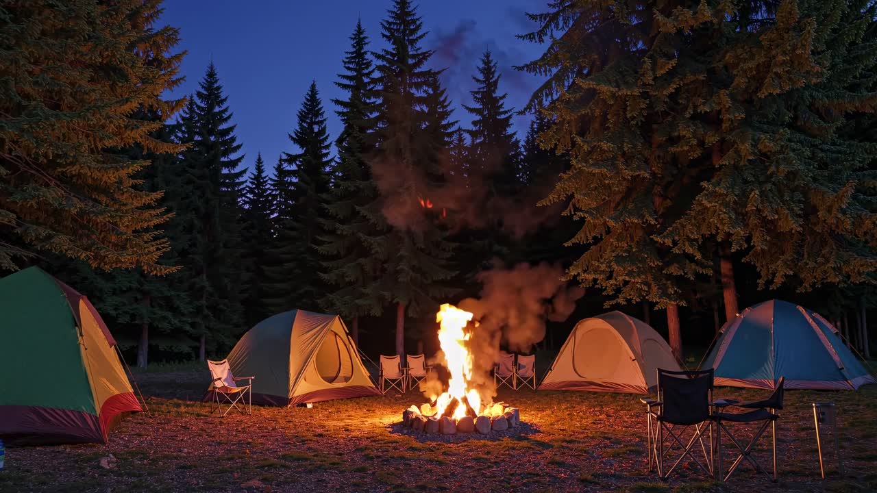 A serene camping scene at dusk with tents and a campfire, captured from a low angle