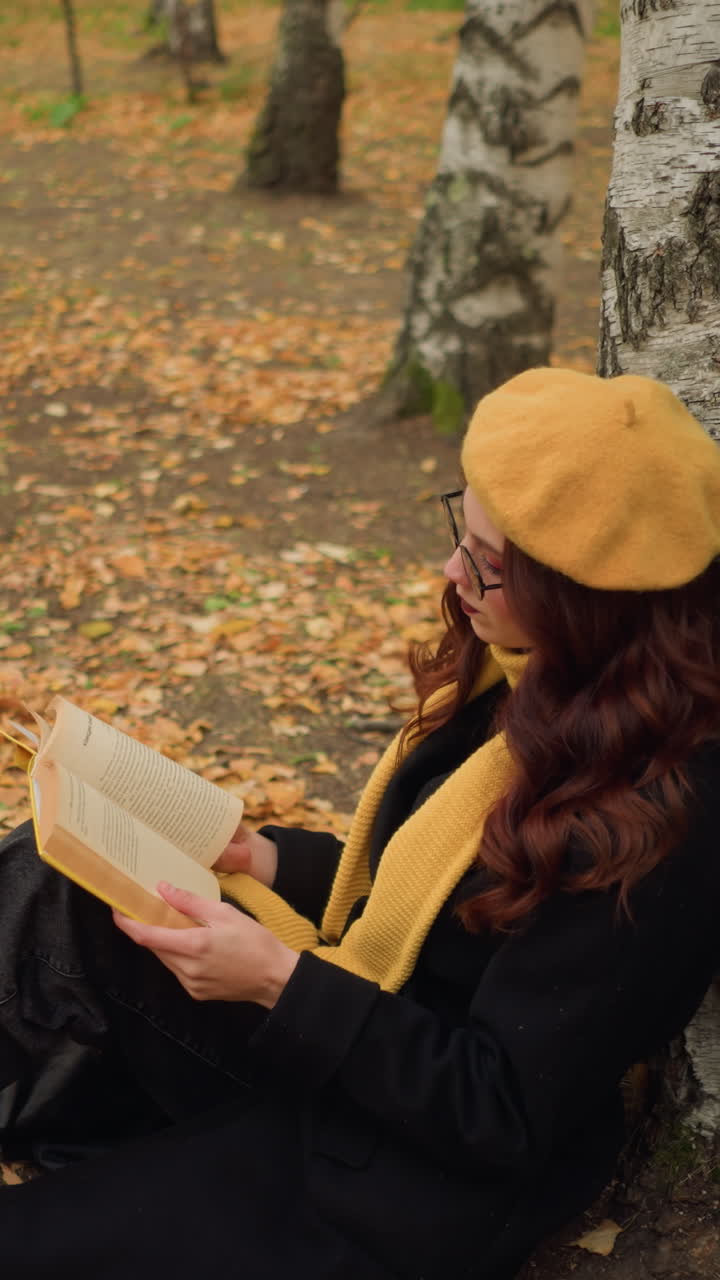 vista aérea de una mujer joven sentada bajo un árbol, leyendo un libro en soledad, rodeada de hojas de otoño, disfruta de la naturaleza pacífica, la relajación y la introspección en un retiro al aire libre pintoresco y acogedor