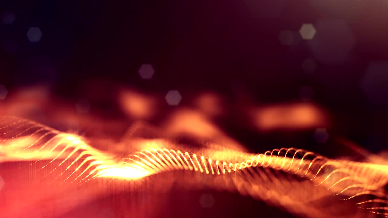 animación de bucle 3d como fondo de ciencia ficción de partículas brillantes con profundidad de campo y bokeh para bucle vj. las partículas forman línea y cuadrícula de superficie. v37 oro rojo