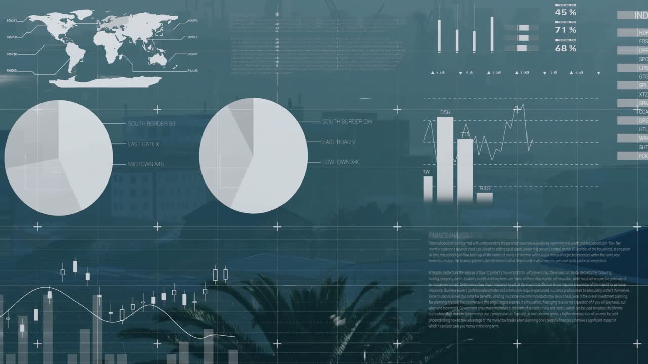 Gjennomsiktig finansielt HUD toner inn over bysilhuetten, animerer diagrammer og oppdaterer målere som viser trender.