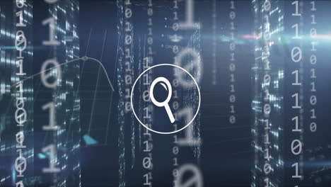 Animation of digital magnifying glass and people icons, binary coding and data processing