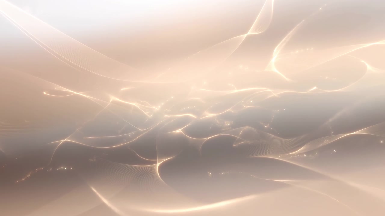 Abstrakt nærbilledvideo af lysende beige bånd og bølgende lysstriber med blød bokeh, varm dis og blanke højdepunkter.