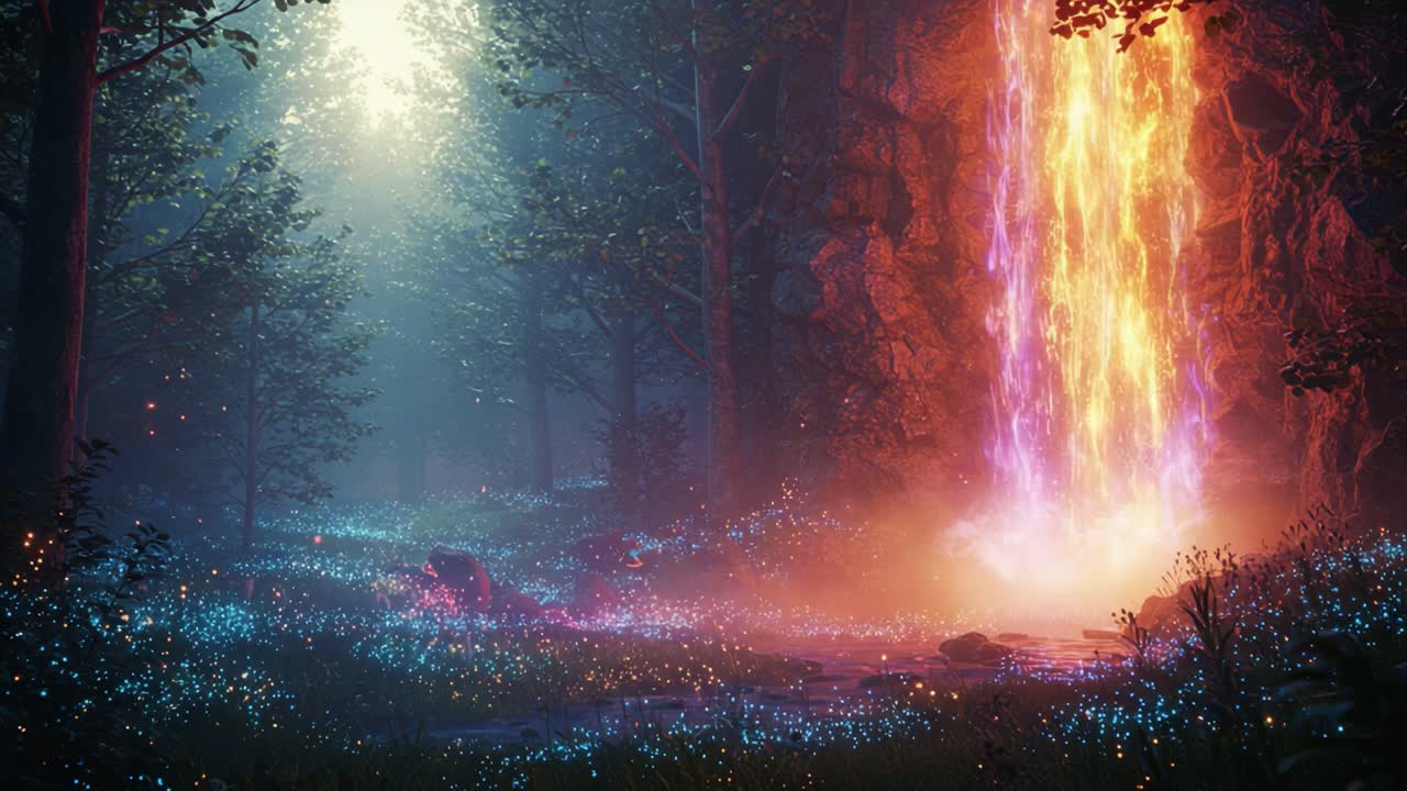 A mesmerizing scene of a vibrant waterfall cascading down amidst a mystical forest, illuminated by ethereal glow and surrounded by shimmering, luminescent flora