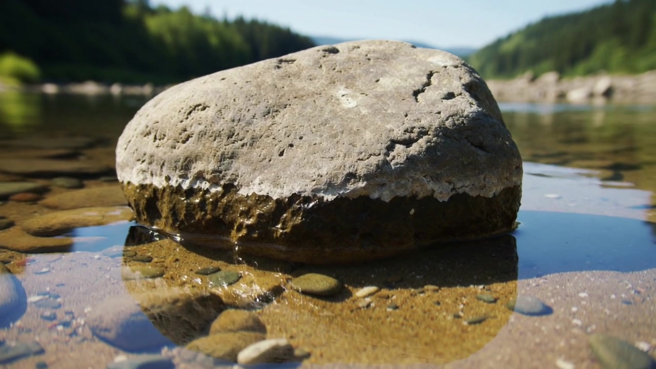 Kamera bevæger sig og bringer afrundet flodsten tættere på ved flodbredden, fremhæver våd refleksion.