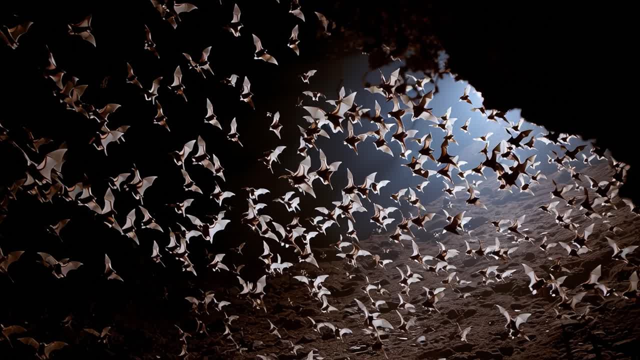 A Spectacular Midnight Emergence: Thousands of Bats Take Flight from a Dark Cave into the Glowing Night Sky, Creating a Breathtaking Display of Nature's Wonders