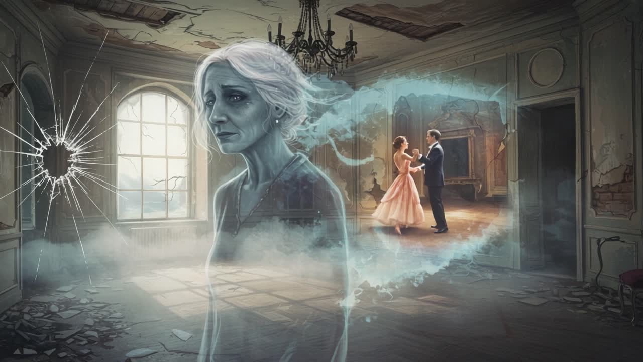 A Haunting Reflection: An Ethereal Journey Through Time, Lost Moments, and Nostalgic Memories Captured in a Broken Room of Past Elegance