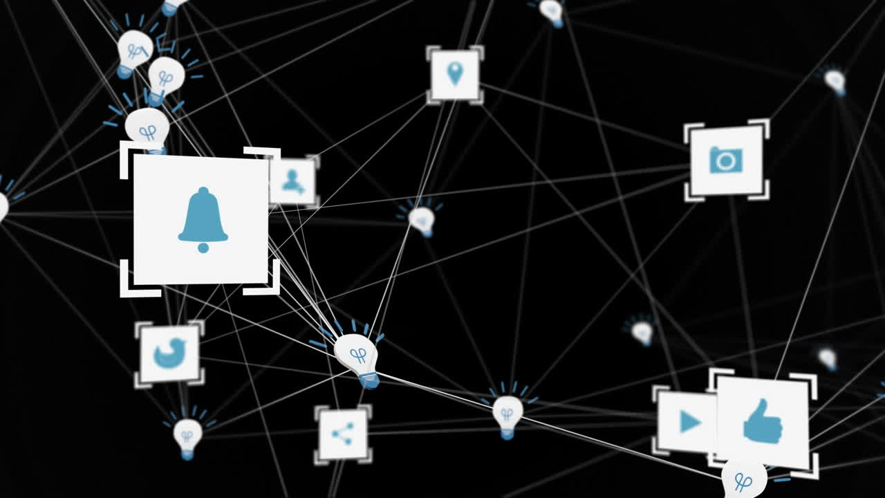 animación digital de la red de bombillas e íconos digitales contra un fondo azul