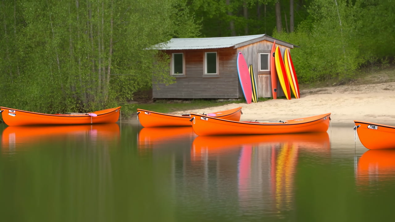 Orange Canoes On Calm Lake, Rustic Cabin And Colorful Boards Leaning On Sandy Shore, Glassy Reflections, Green