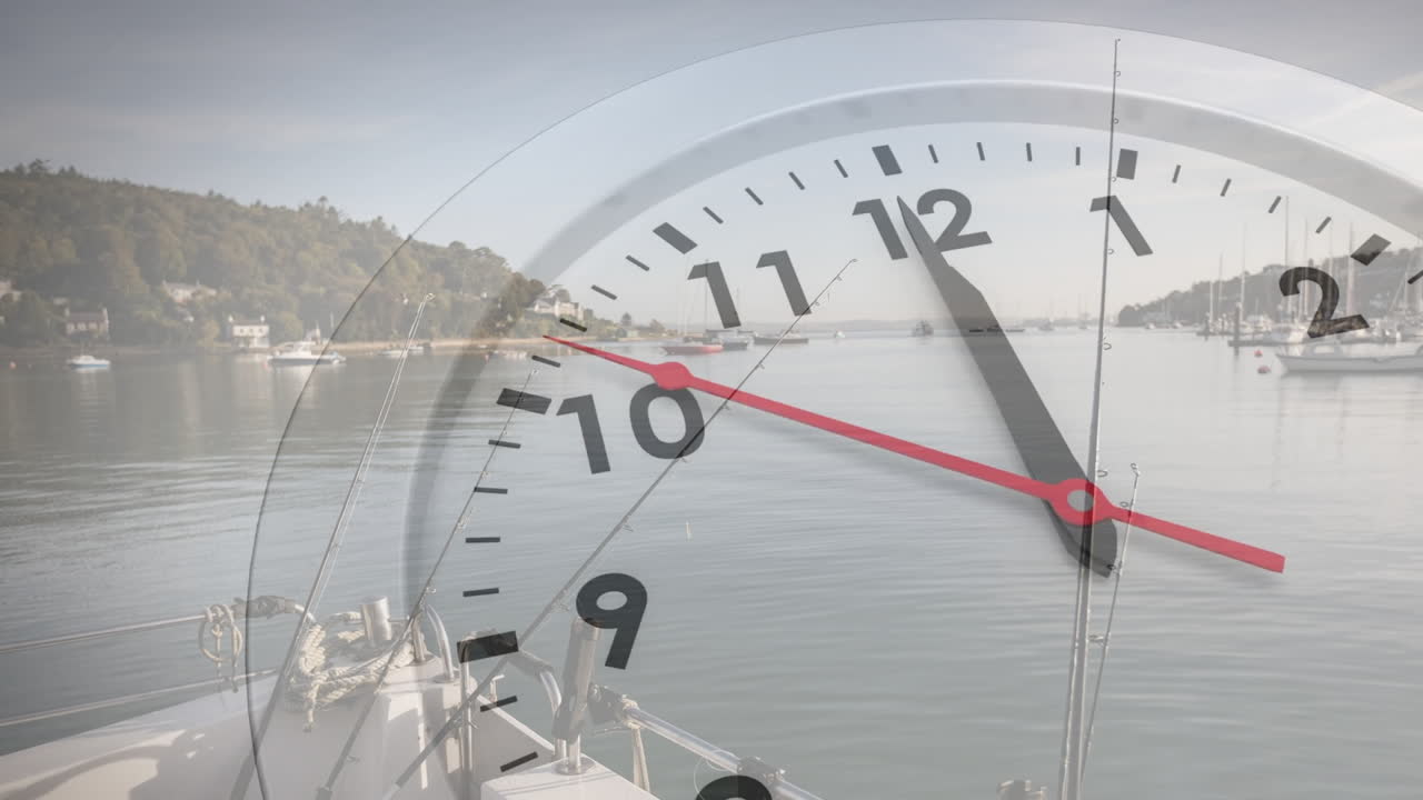 Clock face overlaying serene harbor with boats and animation of distant hills