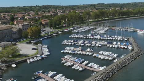 aerial over the marina at capodimonte on lake bolsena, province of viterbo, italy