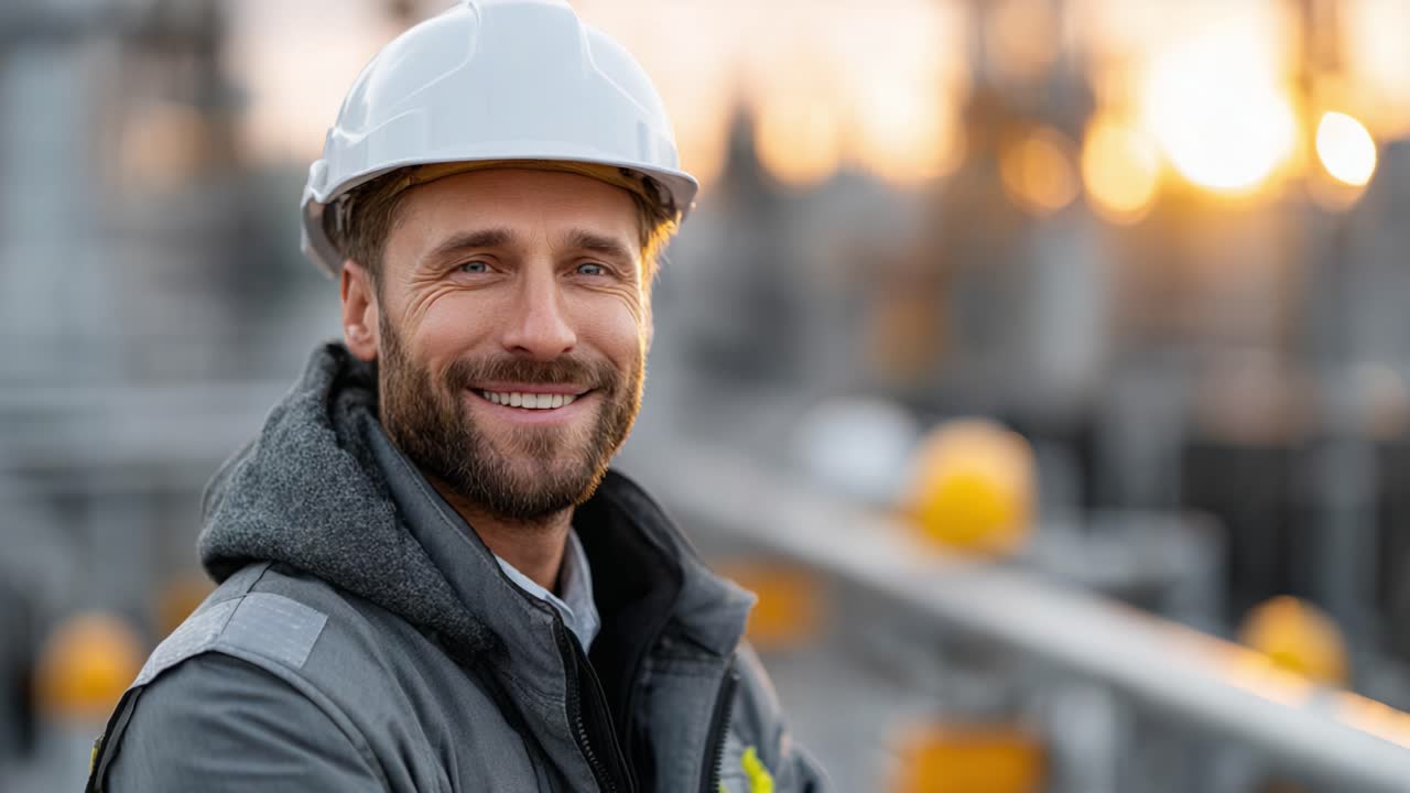 A Confident Construction Worker Smiling at Sunset Overseeing Project Operations in a Modern Industrial Environment Showcasing Safety and Professionalism