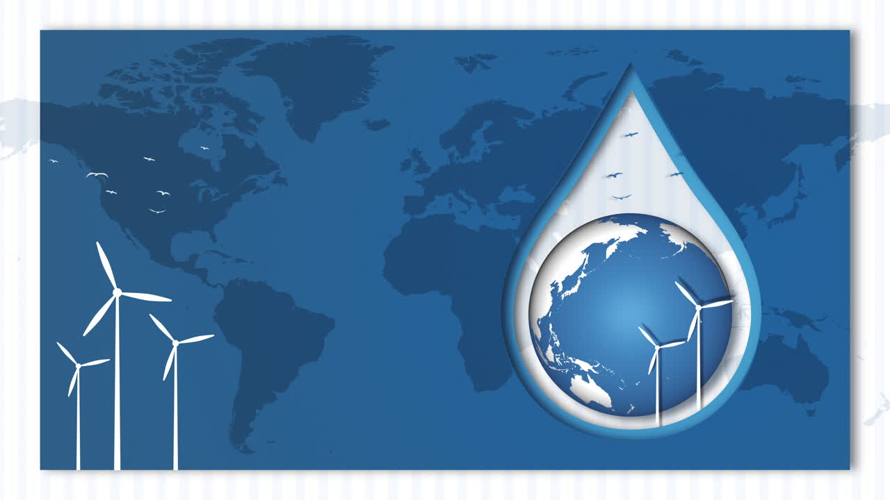 Drop of water with blue planet earth rotating. Wind generators and world map. Looped animation in the style of 3D cut paper. Banner World Water Day.