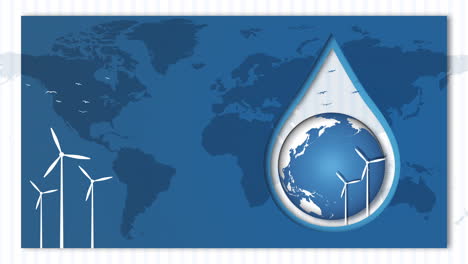 drop of water with blue planet earth rotating. wind generators and world map. looped animation in the style of 3d cut paper. banner world water day.
