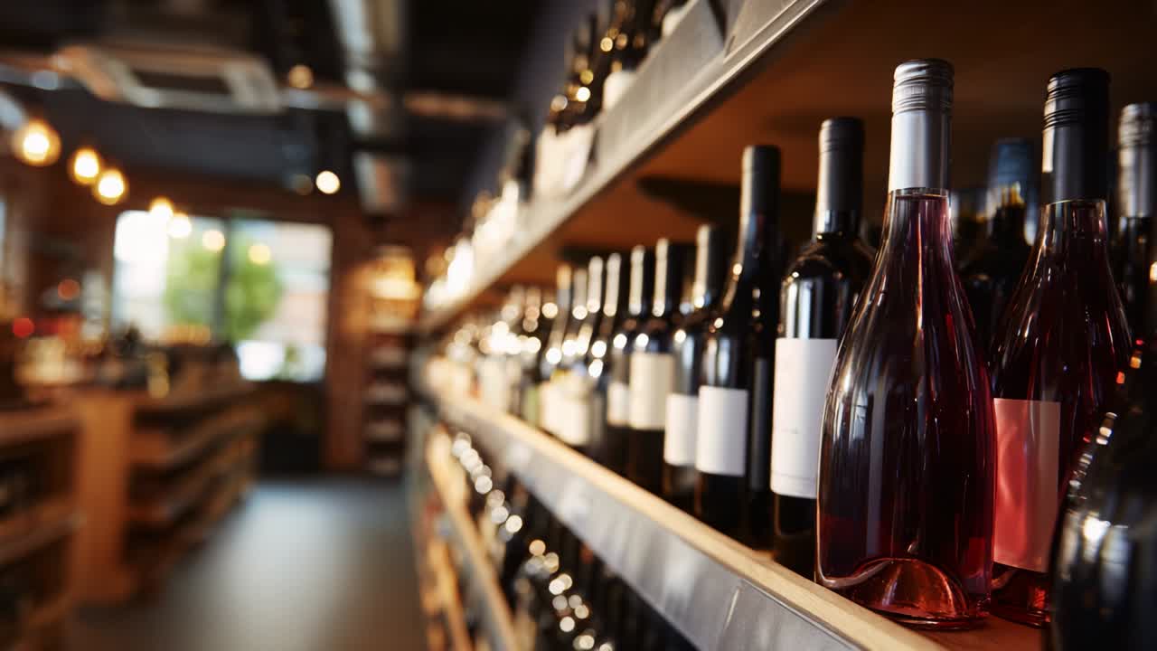 A Vibrant Display of Wine Bottles in a Cozy Retail Environment Featuring a Variety of Labels and Colors, Capturing the Essence of Fine Wines and the Ambiance of the Store Setting