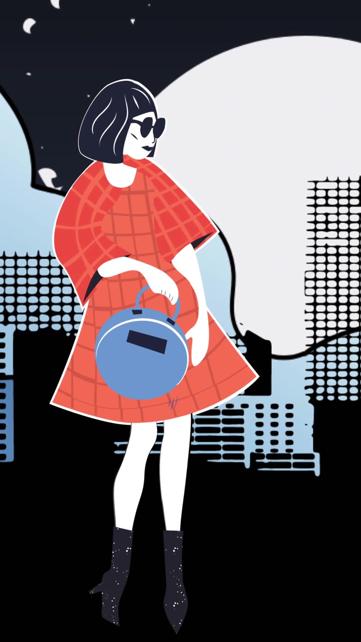 Animazione di disegno di modella in città su sfondo nero