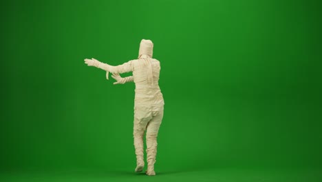 a mummy wrapped in bandages dancing oriental dance moving gracefully green screen isolated chroma - a mummy wrapped in bandages dancing oriental dance, moving gracefully. green screen isolated chroma key video. mock up, workspace, advertisement. full length. back view. halloween holidays