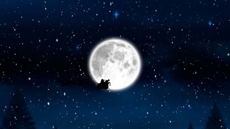 animation of santa claus in sleigh with reindeer over winter scenery and moon