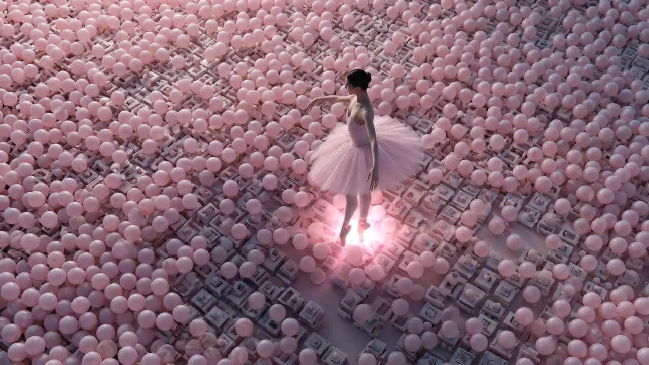 Ballerina che danza con grazia in un paesaggio surreale di sfere e cubi rosa