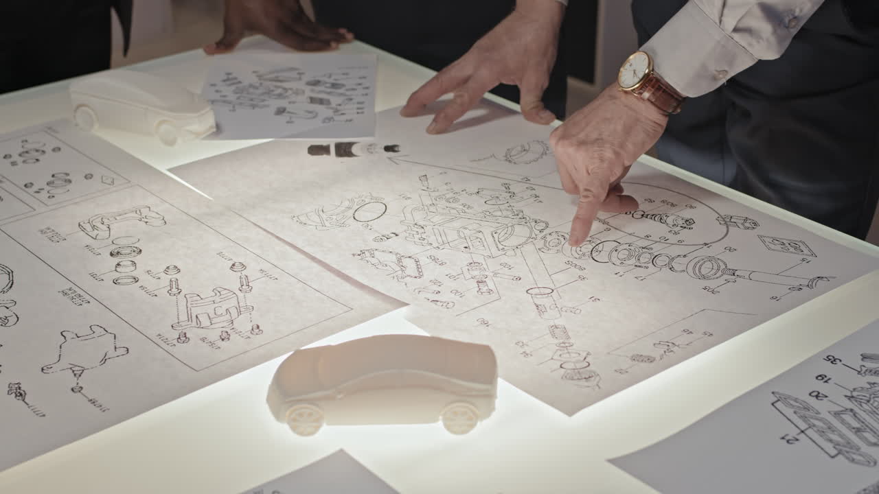 Close Up of Unrecognizable Engineer Pointing at Blueprints