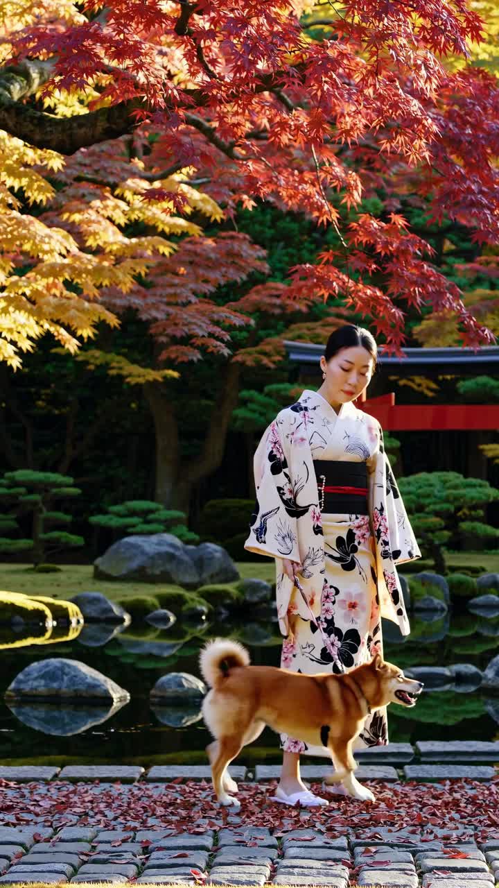A serene video scene of a woman in a kimono walking a dog in a Japanese garden