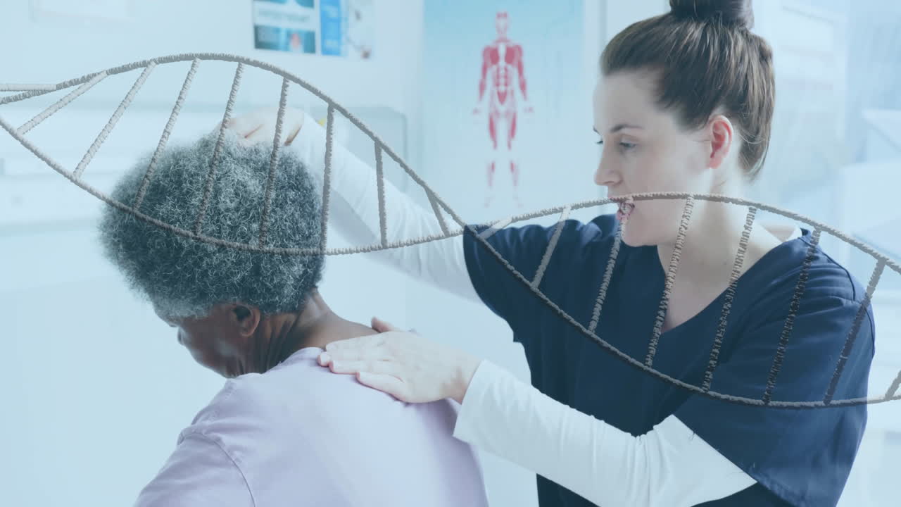 Animazione di una doppia elica di DNA su una fisioterapista donna e una paziente anziana.