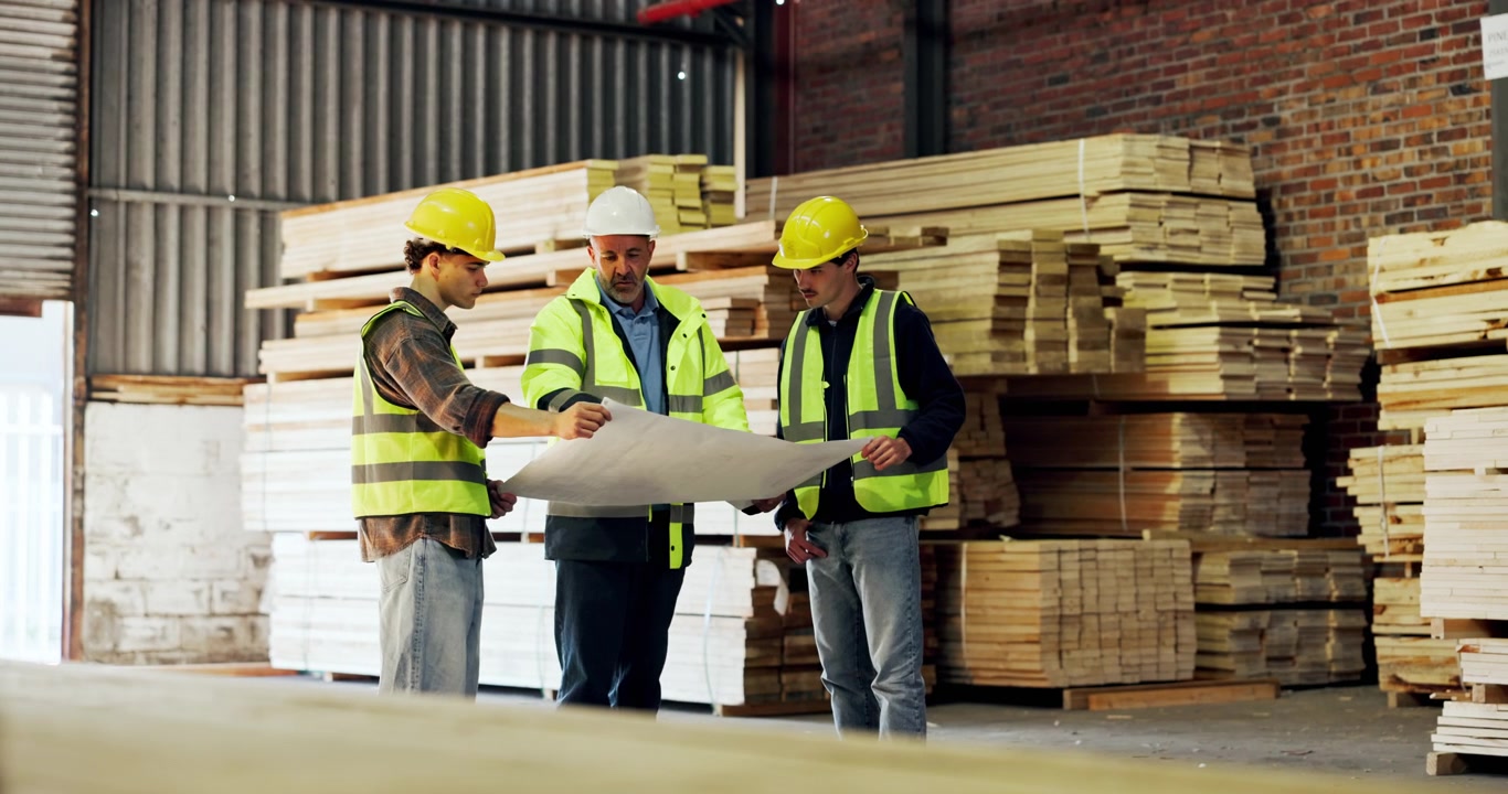 Construction Workers Reviewing Blueprints in a Lumber Warehouse