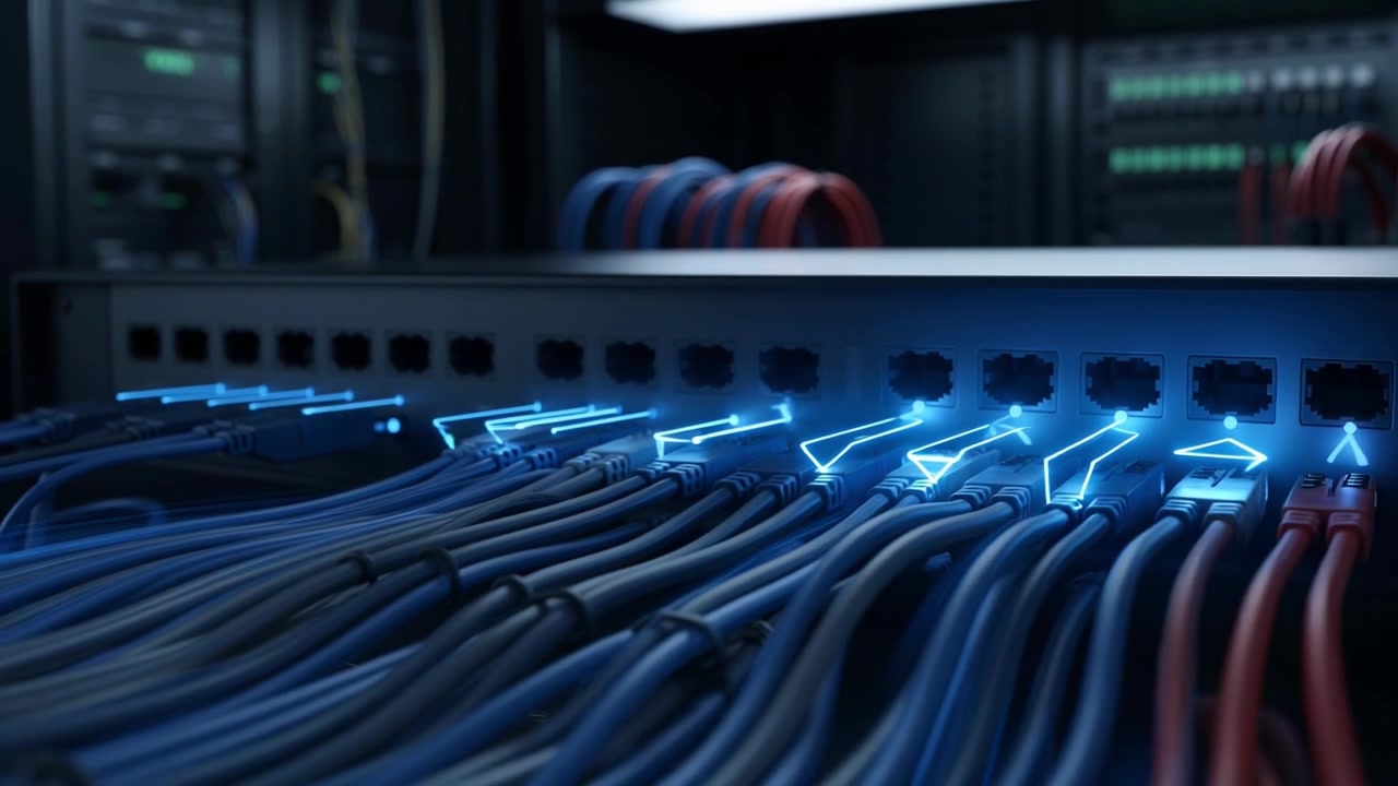 Data Flow Through Network Cables in Server Rack