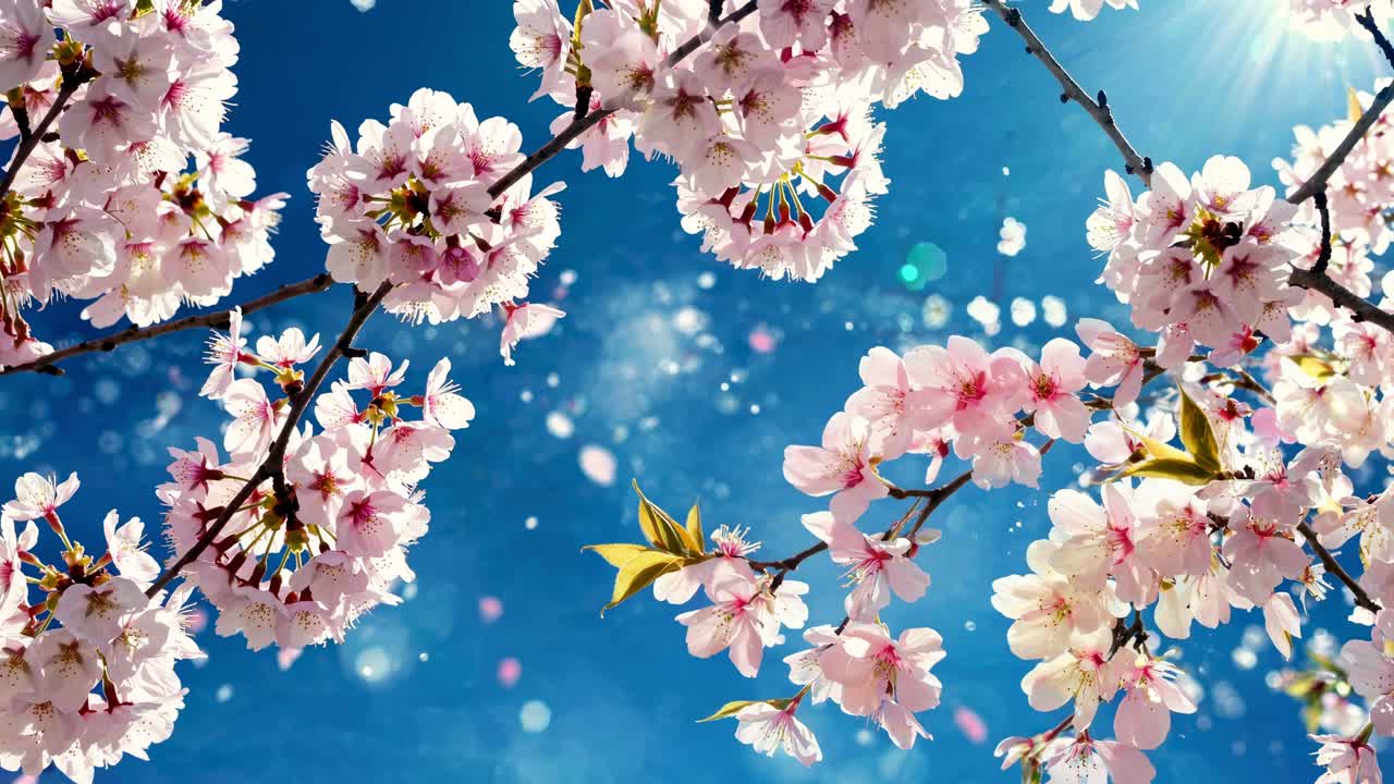 明るい青空を背景に、桜をローアングルから捉えた、夢のようなソフトフォーカスの動画スチール。