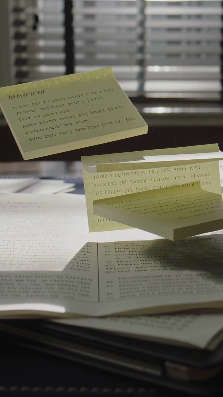 Vertical video: Light through blinds nudging yellow notes lifting and drifting above open book