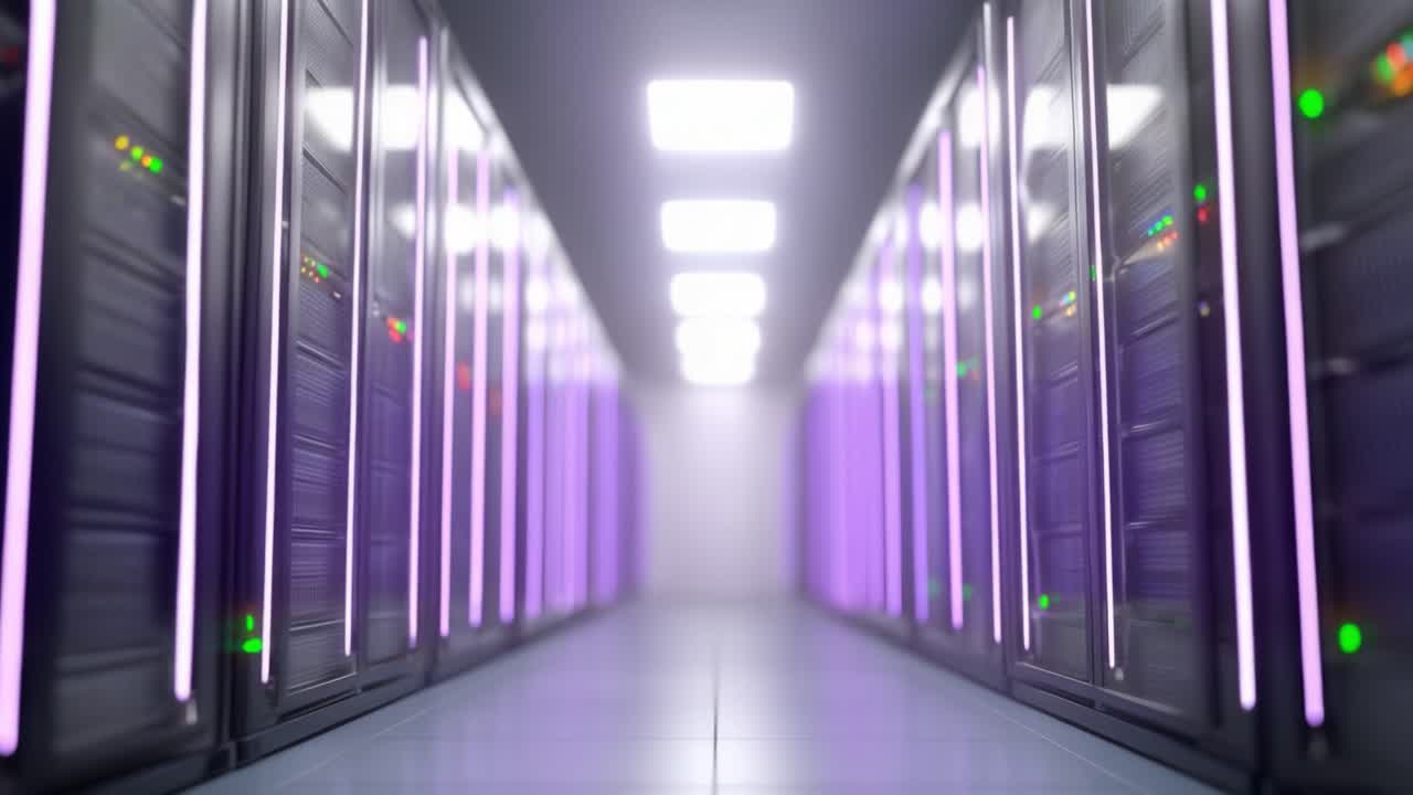 Et futuristisk datacenter: Oplyste serverracks i et højteknologisk miljø med levende lilla belysning og avancerede kølesystemer for forbedret ydeevne.